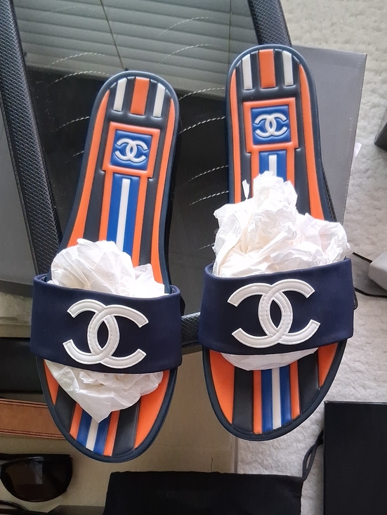 CHANEL Shoes - CHANEL Navy, Orange & Blue Logo Slide Sandals